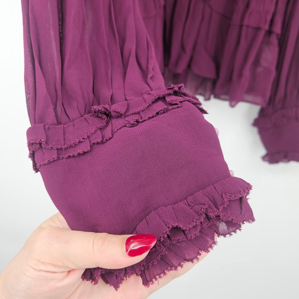 Farm Rio Chiffon Ruffled Blouse in Bordeaux Sz Large Eggplant Purple Peplum NEW - Picture 6 of 15